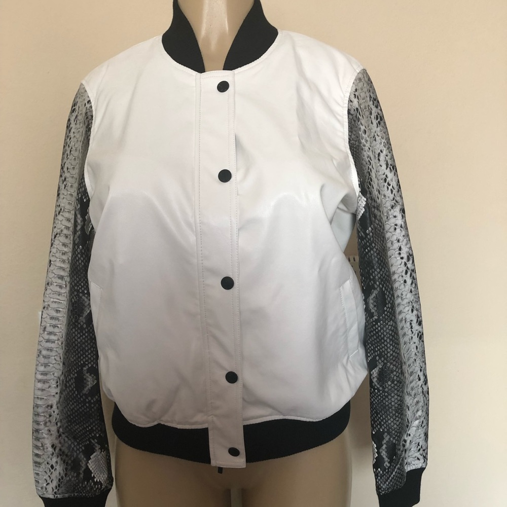 White bomber jacket snakeskin sleeves